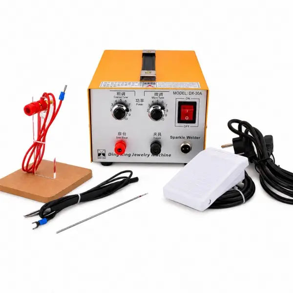 30A Pulse Jewelry Spot Welder DX-30A complete set with foot pedal, tungsten needle, welding pen cable, and red coil lead stand on white background