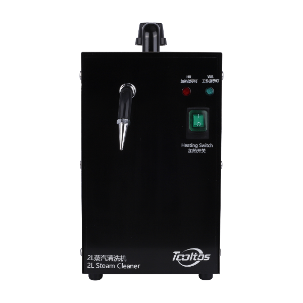 2L Stainless Steel Jewelry Steam Cleaner black version front view showing steam nozzle, foot pedal and control panel