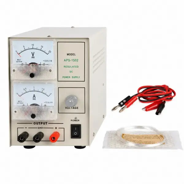 20V 2A Jewelry Gold Plating Machine APS-1502 benchtop electroplating power supply front view with analog voltage and current meters