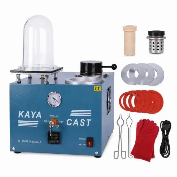 KAYA CAST HH-CM06 Jewelry Vacuum Casting and Melting Machine with built-in 2L pump, transparent vacuum hood, 2KG ceramic crucible, rubber gaskets, power cable, and insulated gloves, shown on white background