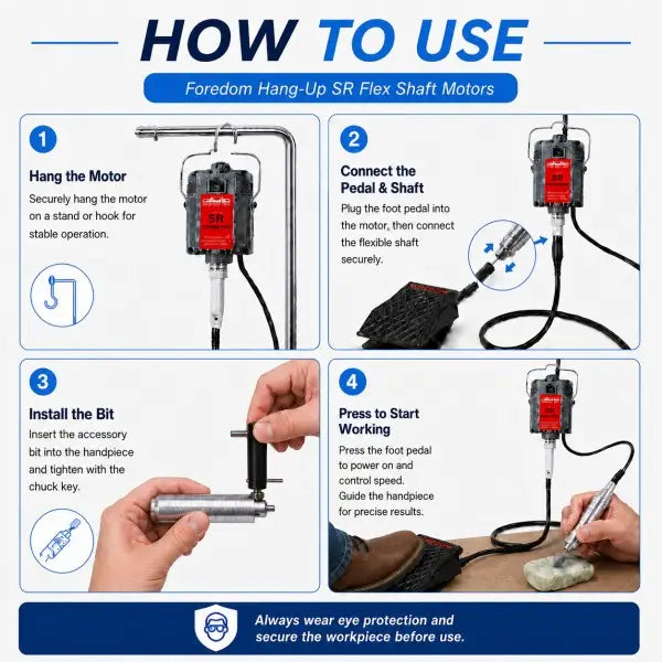 Hang-Up Flex Shaft Rotary Tool setup guide showing 4 steps: hang the motor on a stand, connect the foot pedal and flexible shaft, install the accessory bit with chuck key, and press the pedal to start working