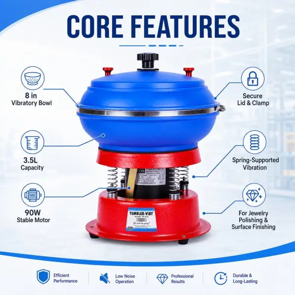 Core features of the 8-inch vibratory tumbler polisher: powerful vibrations, efficient polishing, durable construction, and easy operation