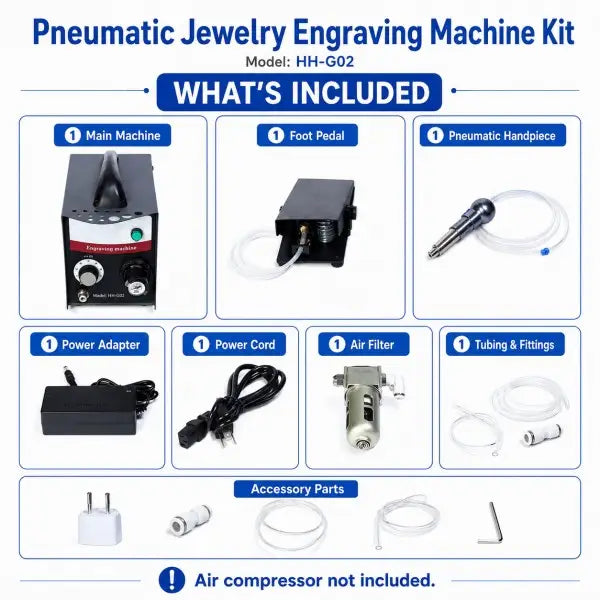 What's included with HH-G02 engraving machine kit: main machine, foot pedal, pneumatic handpiece, power adapter, power cord, air filter, tubing and fittings, accessory parts — air compressor not included