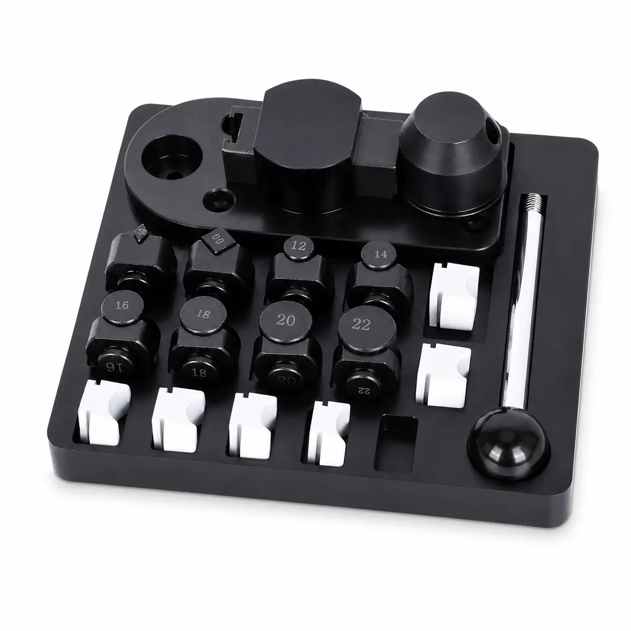 Ring bending tool with black plastic storage base showing 8 nylon molds including 12, 14, 16, 18, 20, 22mm round profiles and 60 and 90 degree angle formers, with removable lever and white nylon jaw inserts