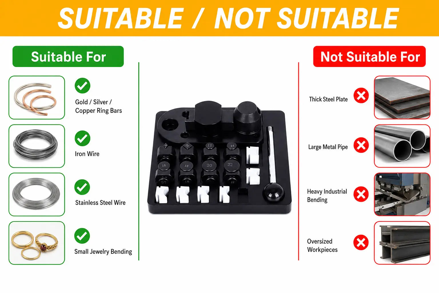 Ring bending tool suitable and not suitable comparison: suitable for gold, silver, copper ring bars, iron wire, stainless steel wire, and small jewelry bending; not suitable for thick steel plate, large metal pipe, heavy industrial bending, or oversized workpieces