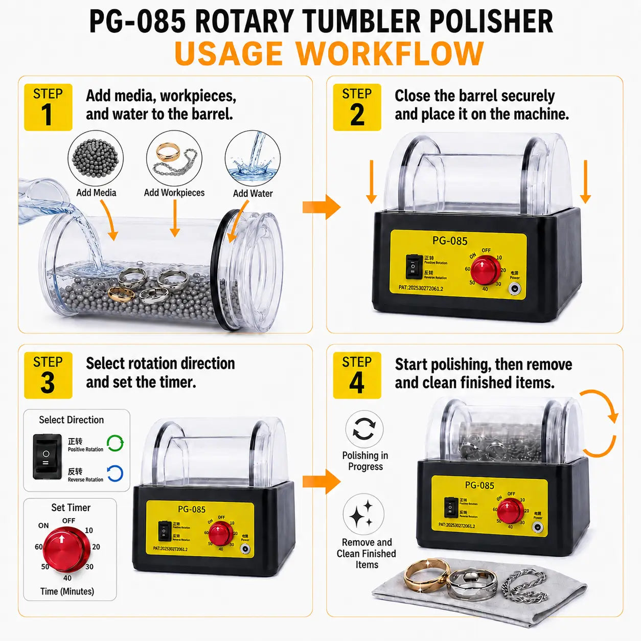 PG-085 rotary tumbler polisher 4-step usage workflow: step 1 add media, workpieces, and water to barrel; step 2 close barrel and place on machine; step 3 select rotation direction and set timer; step 4 start polishing then remove and clean finished items