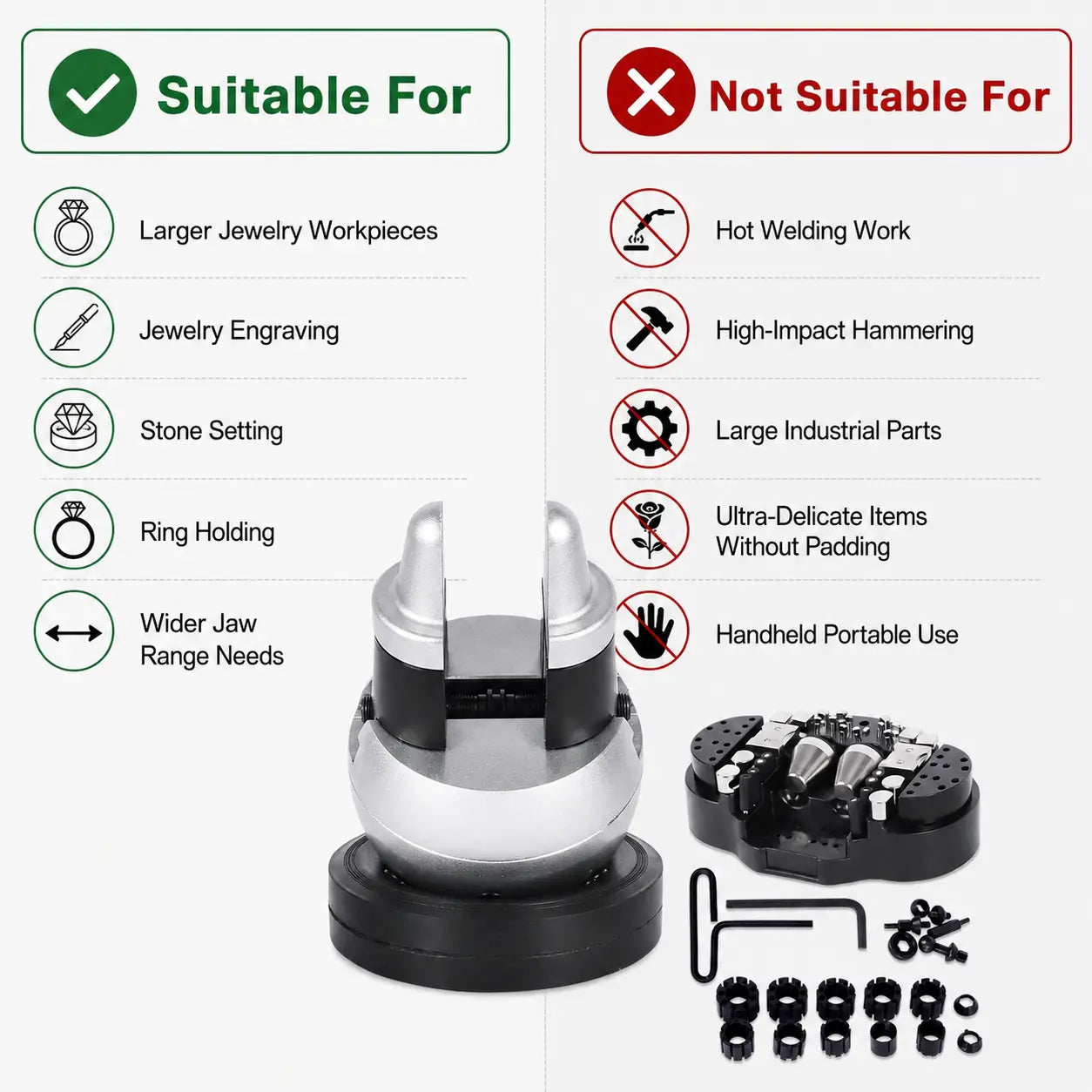 Musttool 5-inch ball vise suitable for larger jewelry workpieces, jewelry engraving, stone setting, ring holding, and wider jaw range needs; not suitable for hot welding, high-impact hammering, large industrial parts, ultra-delicate items without padding, or handheld portable use