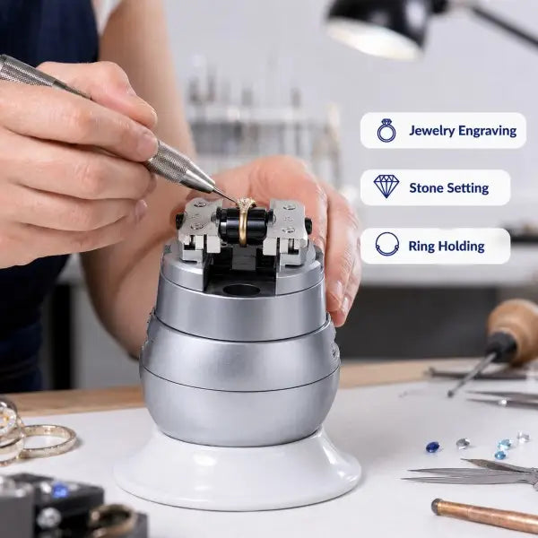 3-Inch Ball Vise in use on a jewelry workbench with a jeweler engraving a ring, surrounded by tools, gemstones, and jewelry components