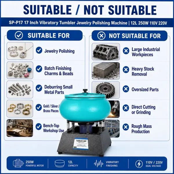 Suitable and not suitable use cases for SP-P17 vibratory tumbler: suitable for jewelry polishing, batch finishing charms and beads, deburring small metal parts, gold/silver/brass pieces; not suitable for large industrial workpieces, heavy stock removal, direct cutting or grinding
