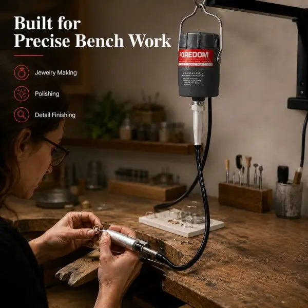 Foredom CC-30 hang-up flex shaft motor in use at jewelry workbench showing jeweler doing precision detail work with text built for precise bench work covering jewelry making polishing and detail finishing