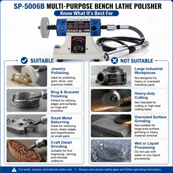 SP-5006B bench lathe polisher suitable and not suitable use cases showing jewelry polishing ring and bracelet finishing small metal deburring and craft detail grinding versus large industrial workpieces heavy-duty cutting oversized surface grinding and wet or liquid processing
