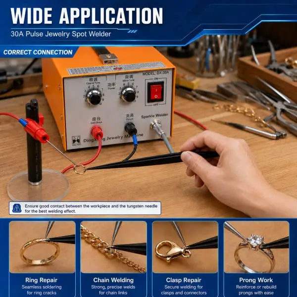 30A Pulse Jewelry Spot Welder wide application demonstration showing ring repair, chain welding, clasp repair, and prong work with hand-held welding pen on jeweler's workbench