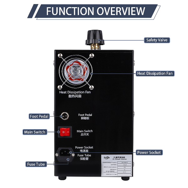 2L Stainless Steel Jewelry Steam Cleaner black version side and rear view showing compact upright body and stainless steel tank