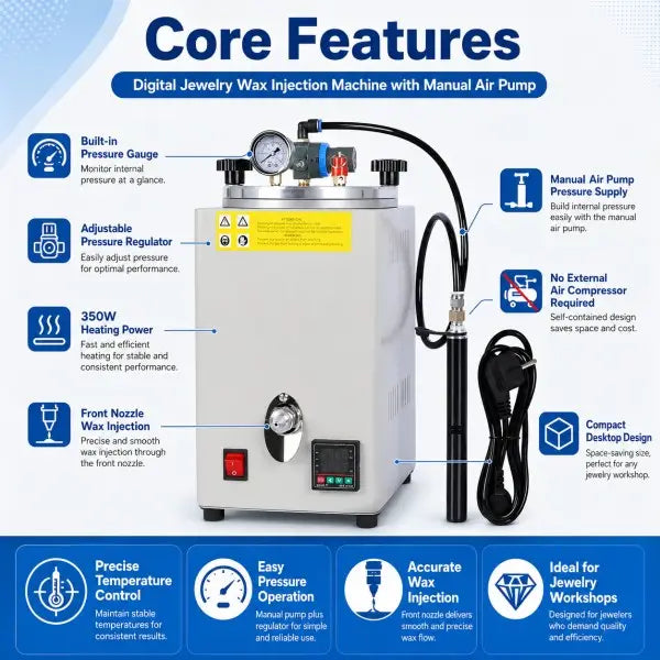 Digital Jewelry Wax Injection Machine core features showing built-in pressure gauge, adjustable pressure regulator, 350W heating power, front nozzle wax injection, manual air pump pressure supply, no external air compressor required, and compact desktop design