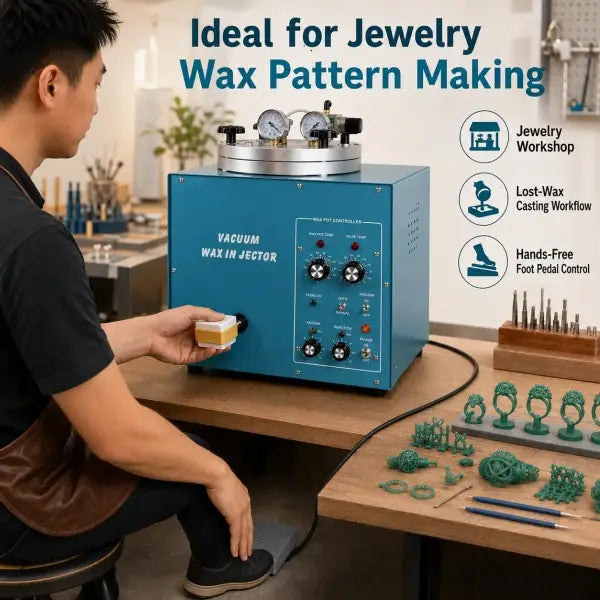Jewelry Vacuum Wax Injector in use in a jewelry workshop with a jeweler holding a rubber mold against the wax outlet, surrounded by green wax ring and pendant patterns, suitable for jewelry workshop, lost-wax casting workflow, and hands-free foot pedal control