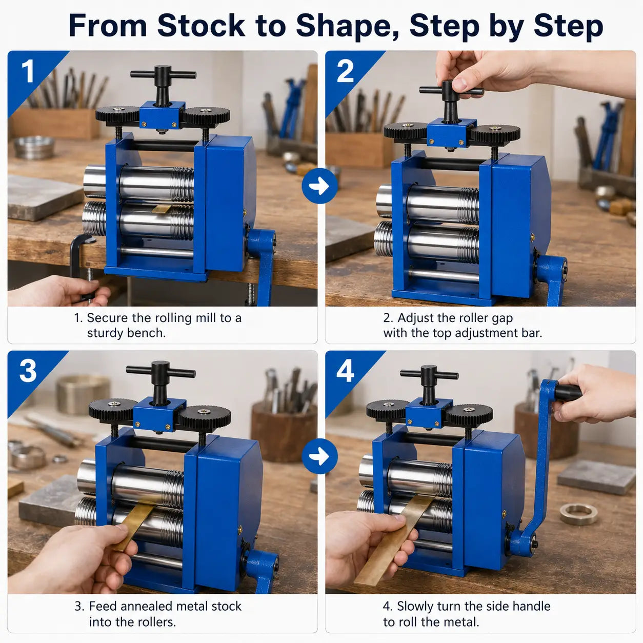 Step-by-step guide: secure rolling mill to bench, adjust roller gap with T-bar, feed annealed metal stock, turn side handle to roll