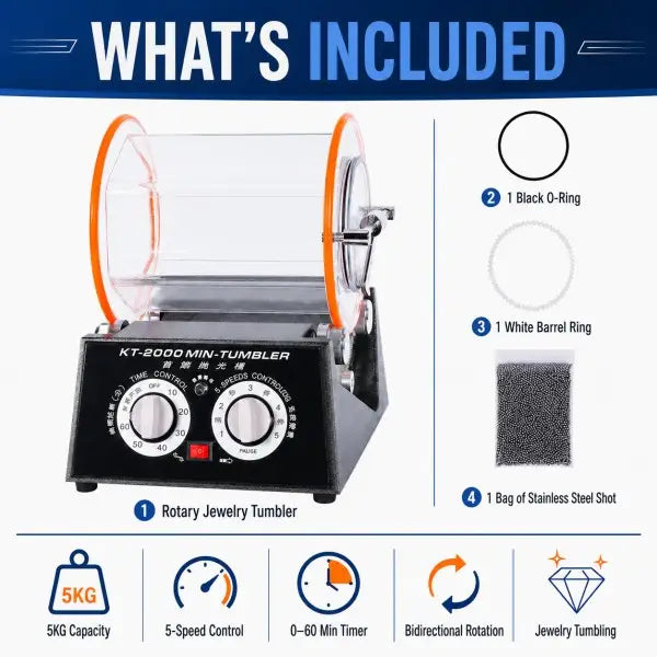 KT-2000 rotary jewelry tumbler what's included showing tumbler unit black O-ring white barrel ring and bag of stainless steel shot with 5kg capacity 5-speed and 0-60 min timer icons