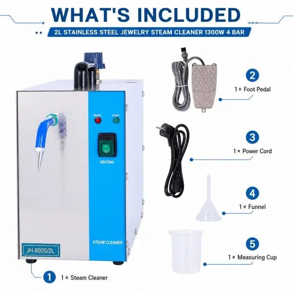 What's included with the 2L Jewelry Steam Cleaner - steam cleaner unit, foot pedal, power cord, funnel and measuring cup