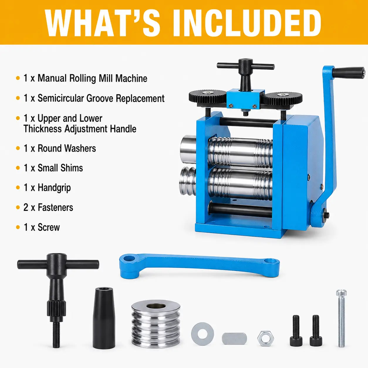 4-in-1 manual jewellery rolling mill package contents: rolling mill machine, semicircular groove replacement roller, thickness adjustment handle, round washer, small shim, handgrip, fasteners and screw