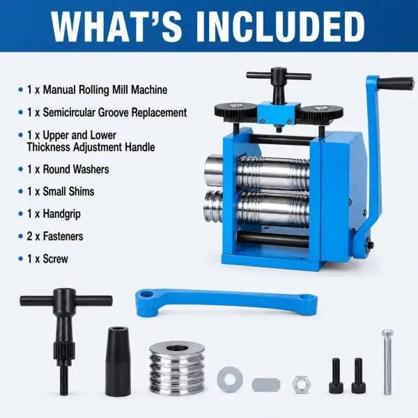 4-in-1 Manual Jewellery Rolling Mill package contents including 1 rolling mill machine, 1 semicircular groove replacement roller, 1 upper and lower thickness adjustment handle, 1 round washer, 1 small shim, 1 handgrip, 2 fasteners, and 1 screw