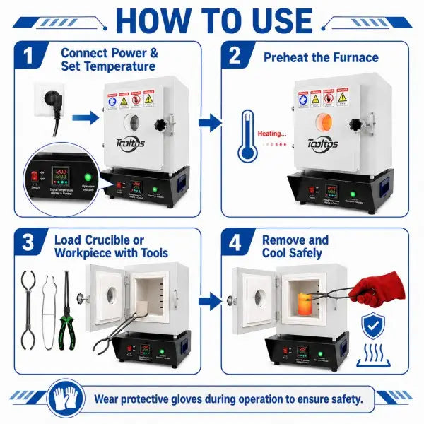 How to use the jewelry flask preheating furnace — connect power, preheat, load workpiece with tools, remove and cool safely