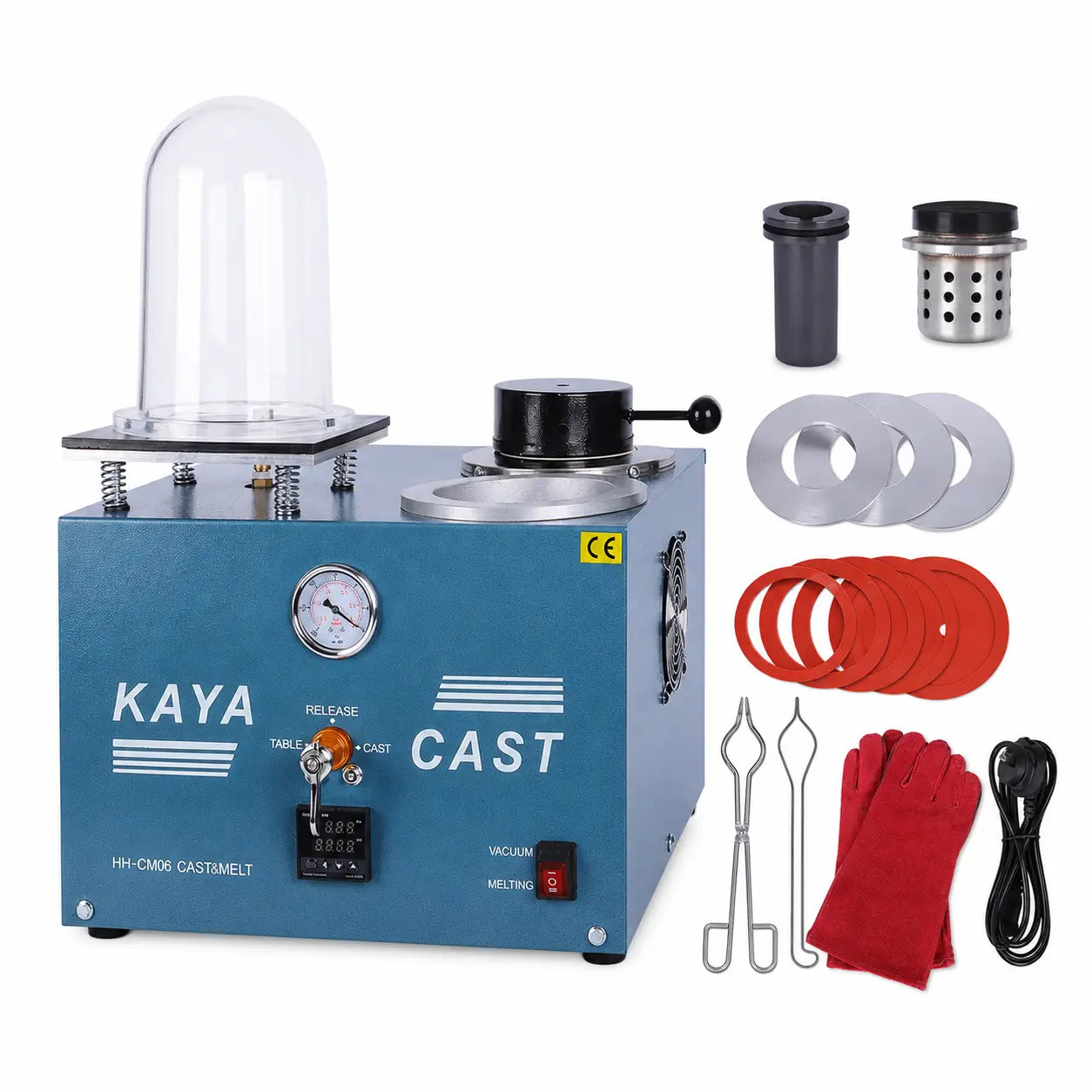 KAYA CAST HH-CM06 Jewelry Vacuum Casting and Melting Machine with complete accessories including graphite crucible, flask, gaskets, tongs, and heat-resistant gloves