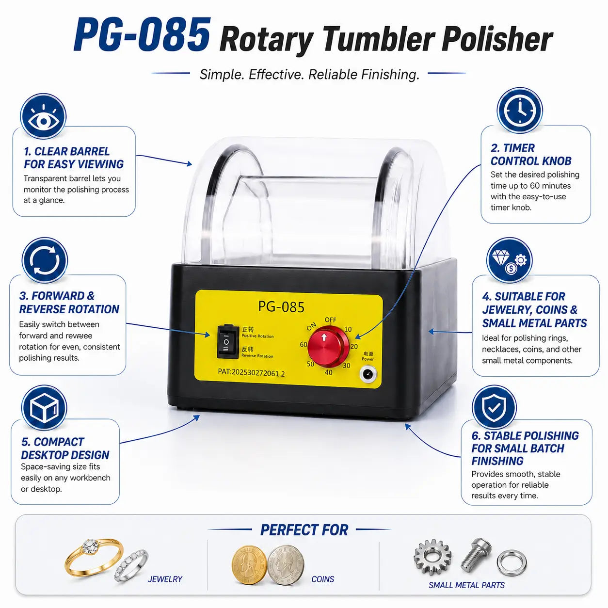 PG-085 rotary tumbler polisher feature callout infographic highlighting clear barrel for easy viewing, timer control knob up to 60 minutes, forward and reverse rotation, suitable for jewelry coins and small metal parts, compact desktop design, and stable small batch finishing