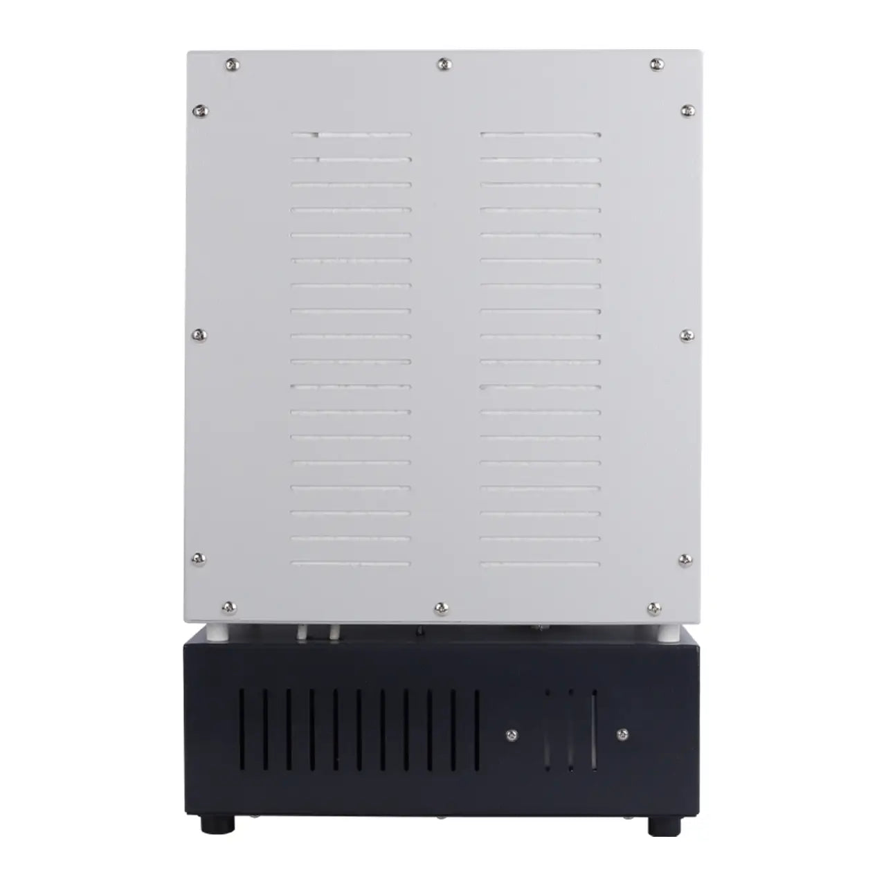 Dual-layer jewelry flask preheating furnace rear view showing ventilation slots on white steel body and power input port on black base unit
