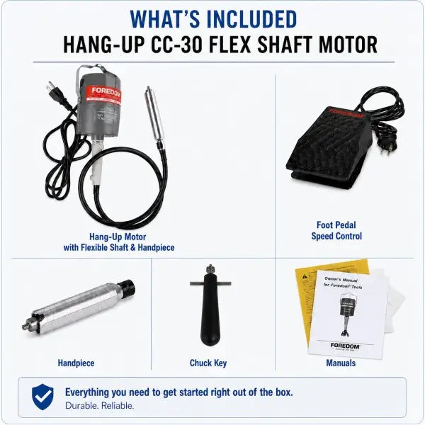 Foredom CC-30 hang-up flex shaft motor what's included showing hang-up motor with flexible shaft and handpiece foot pedal speed control handpiece chuck key and owner's manual