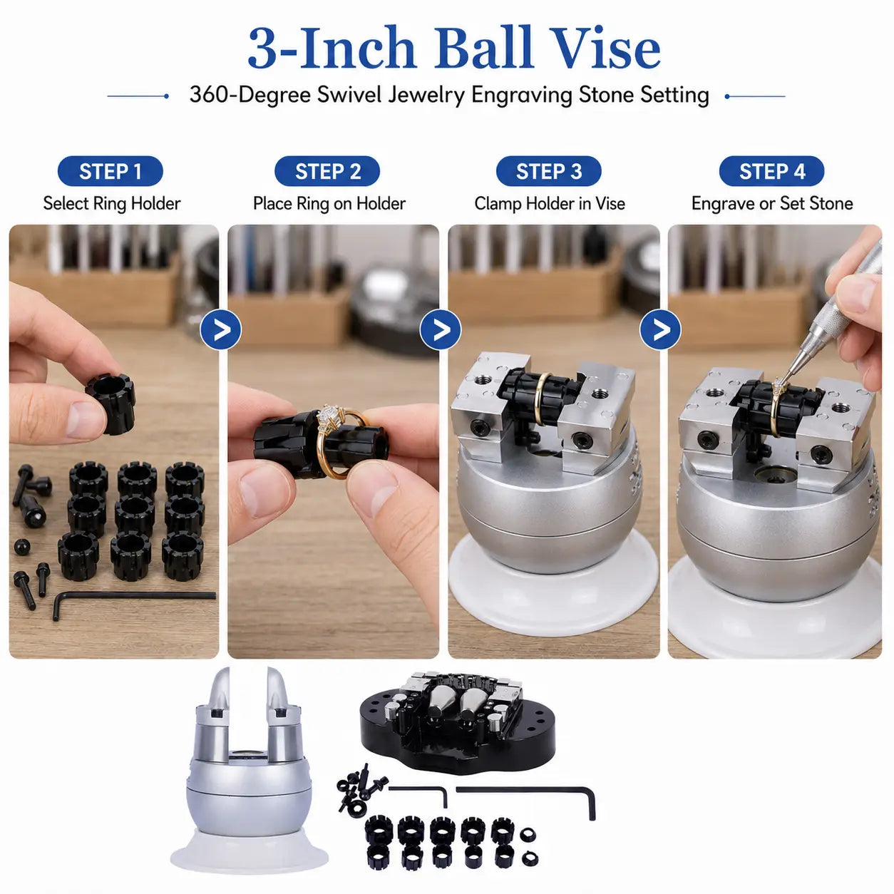 Musttool 3-inch ball vise 4-step setup guide: select ring holder, place ring on holder, clamp holder in vise, then engrave or set stone