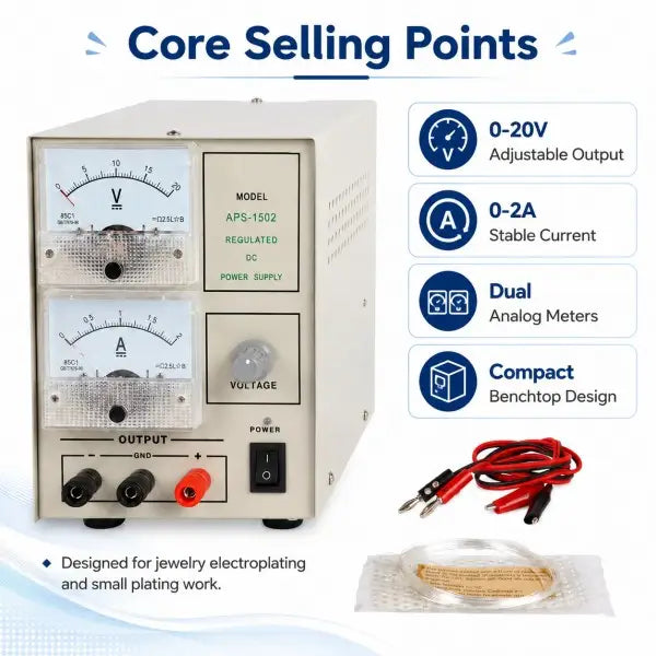 20V 2A Jewelry Gold Plating Machine core features - 0-20V adjustable output, 0-2A stable current, dual analog meters, compact benchtop design