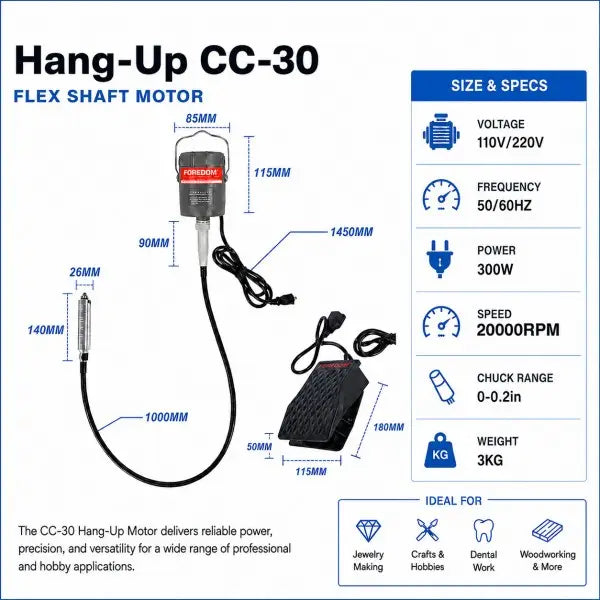 Foredom CC-30 hang-up flex shaft motor size and specs infographic showing 85x115mm motor body 1000mm flexible shaft 300W power 20000 RPM 110V/220V 50/60Hz 0-0.2in chuck range and 3kg weight ideal for jewelry making crafts dental work and woodworking