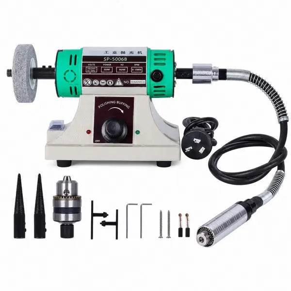SP-5006B bench lathe polisher with flex shaft on white background showing full machine setup with tapered mandrels chuck attachment hex wrenches and flexible shaft handpiece accessories