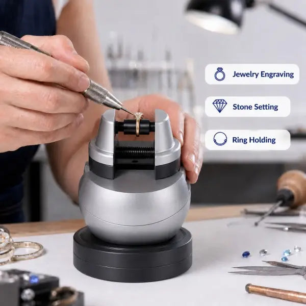 5-Inch Ball Vise in use on a jewelry workbench with a jeweler engraving a ring, with labels for jewelry engraving, stone setting, and ring holding