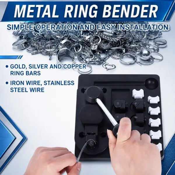 Manual Ring Bending Tool suitable for gold, silver, copper ring bars, iron wire, and stainless steel wire, with hands demonstrating wire bending operation on black steel base