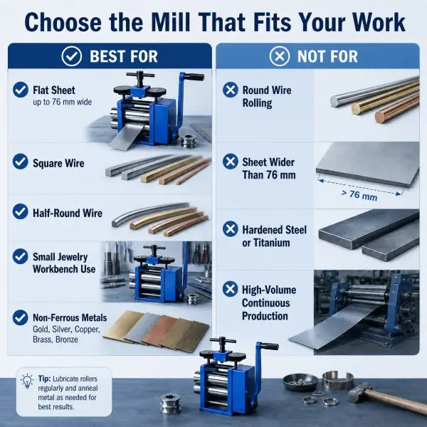 3-in-1 Manual Jewellery Rolling Mill suitable and not suitable comparison: best for flat sheet up to 76mm, square wire, half-round wire, small jewelry workbench use, and non-ferrous metals including gold, silver, copper, brass, and bronze; not for round wire rolling, sheet wider than 76mm, hardened steel or titanium, or high-volume continuous production