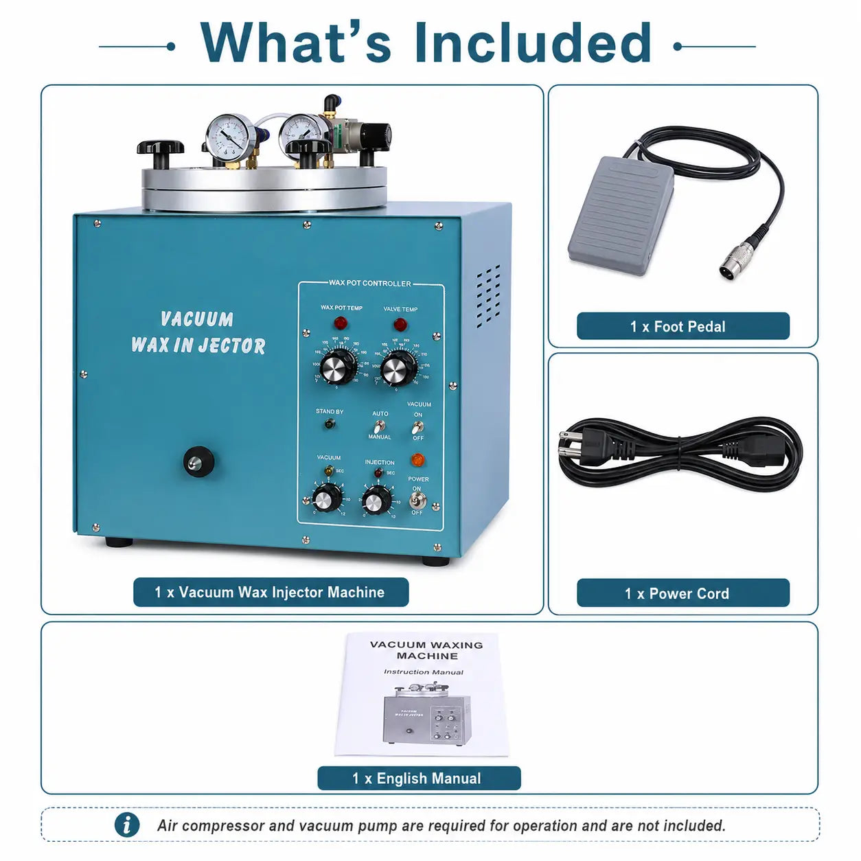 Jewelry vacuum wax injector front and side view showing wax pot controller panel with wax pot temp and valve temp dials, vacuum and injection time knobs, standby and power switches, with foot pedal and power cord