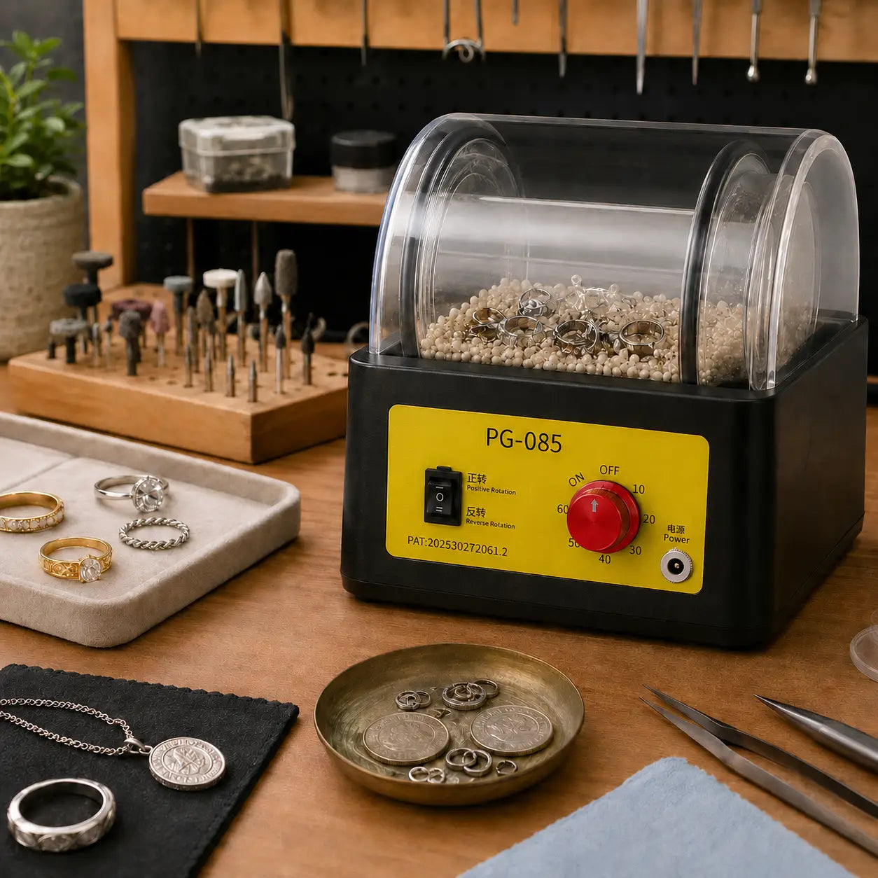 PG-085 rotary tumbler polisher in use on a jewelry workbench with rings, coins, and chain necklaces nearby, clear barrel loaded with polishing media and jewelry rings during active polishing cycle