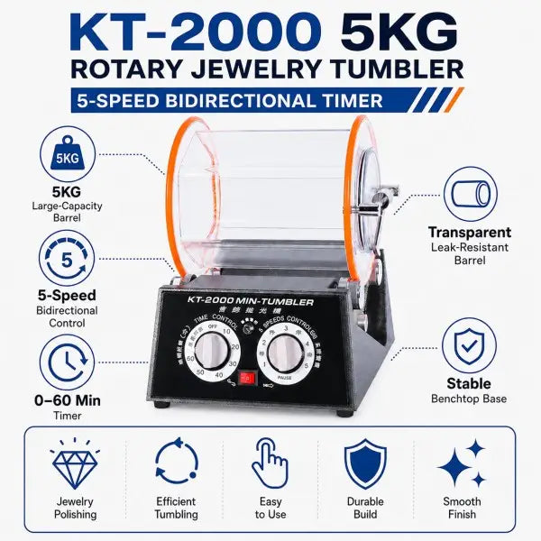 KT-2000 5KG rotary jewelry tumbler infographic showing 5kg large-capacity barrel 5-speed bidirectional control 0-60 min timer transparent leak-resistant barrel and stable benchtop base
