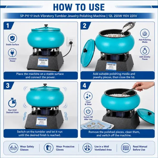 Four-step how-to-use guide for vibratory tumbler: place on stable surface and connect power, add polishing media and jewelry pieces then close lid, run until desired finish, remove and clean polished pieces