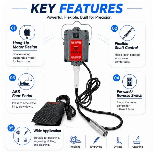 Hang-Up Flex Shaft Rotary Tool key features including hang-up motor design, flexible shaft, ABS foot pedal, forward and reverse switch, and wide application for polishing, engraving, drilling, and cleaning