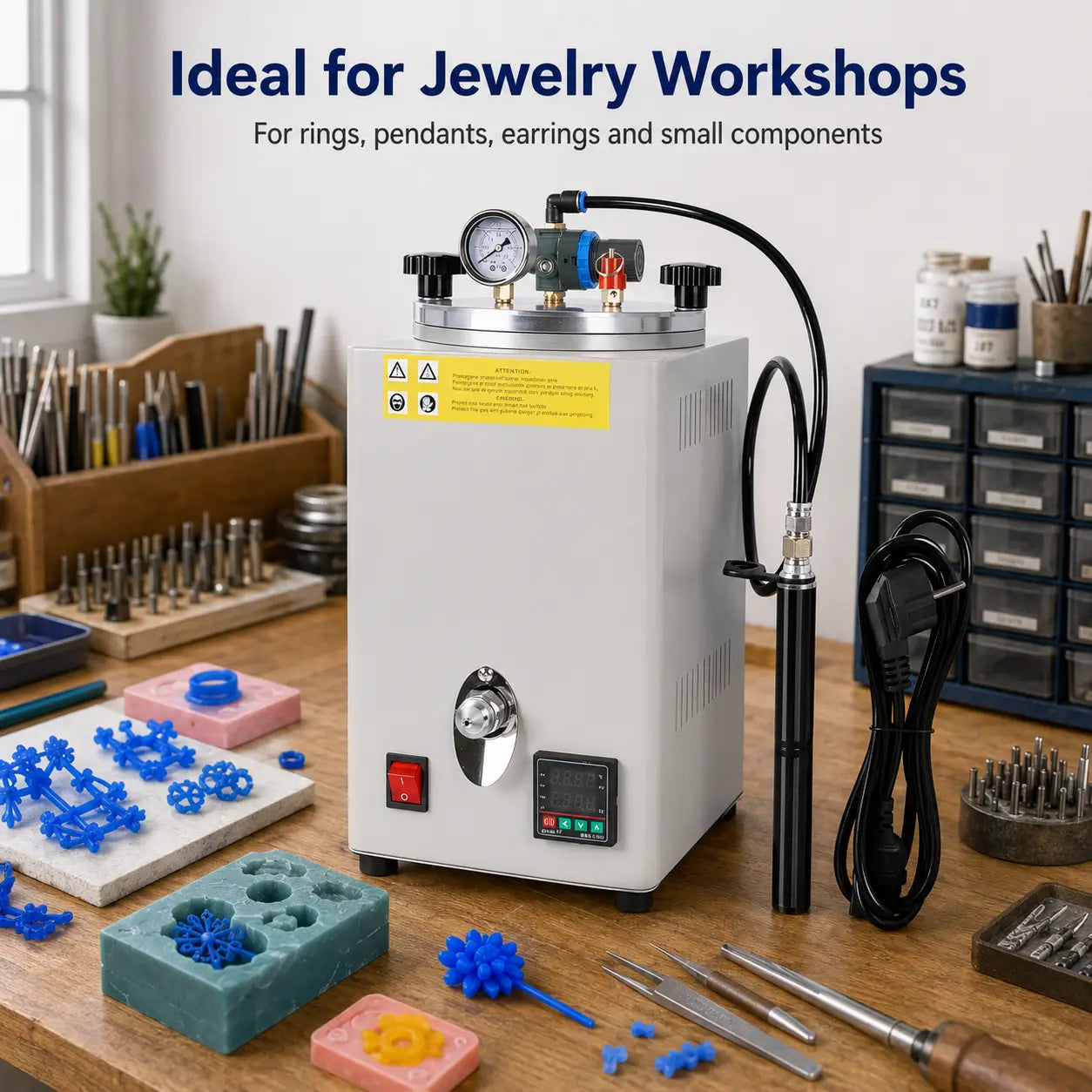 Digital wax injection machine on jewelry workshop bench surrounded by wax patterns, moulds, tools and components for lost-wax casting