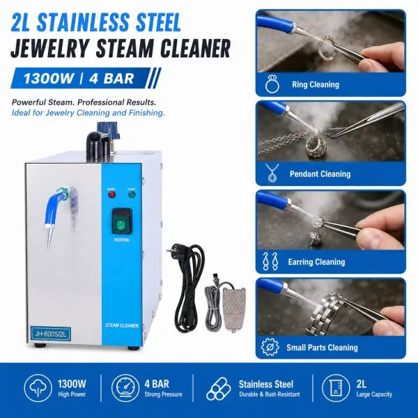 2L Jewelry Steam Cleaner blue version application guide showing ring cleaning, pendant cleaning, earring cleaning and small parts cleaning