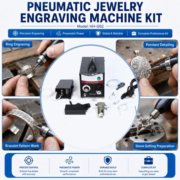 PNEUMATIC JEWELRY ENGRAVING MACHINE KIT — suitable applications including jewelry engraving, fine metal detailing, and ring/pendant work with machine and accessories shown