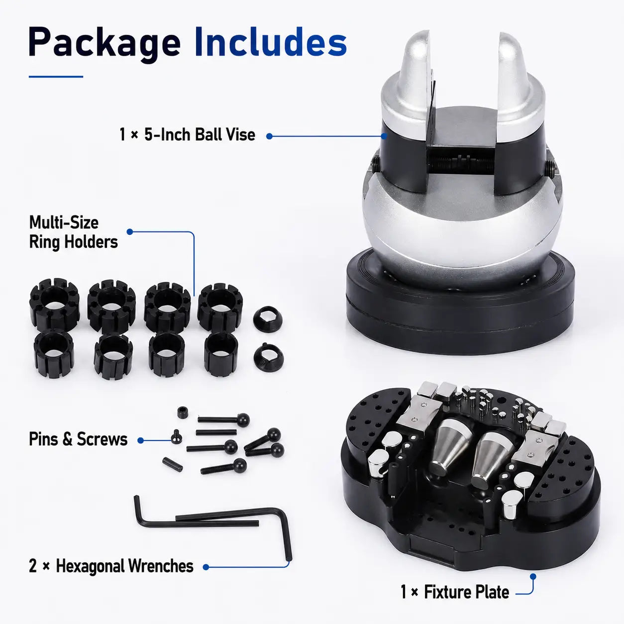 Musttool 5-inch ball vise package contents: 1x ball vise, 1x fixture plate, multi-size ring holders, pins and screws, and 2x hexagonal wrenches laid out on white background