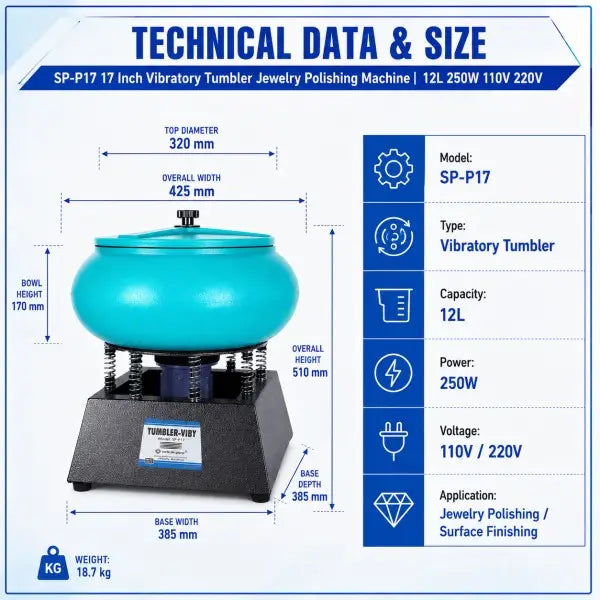 Technical data and size chart for SP-P17 vibratory tumbler showing dimensions 425 x 385 x 510 mm, bowl height 170 mm, weight 18.7 kg, 12L capacity, 250W, 110V/220V