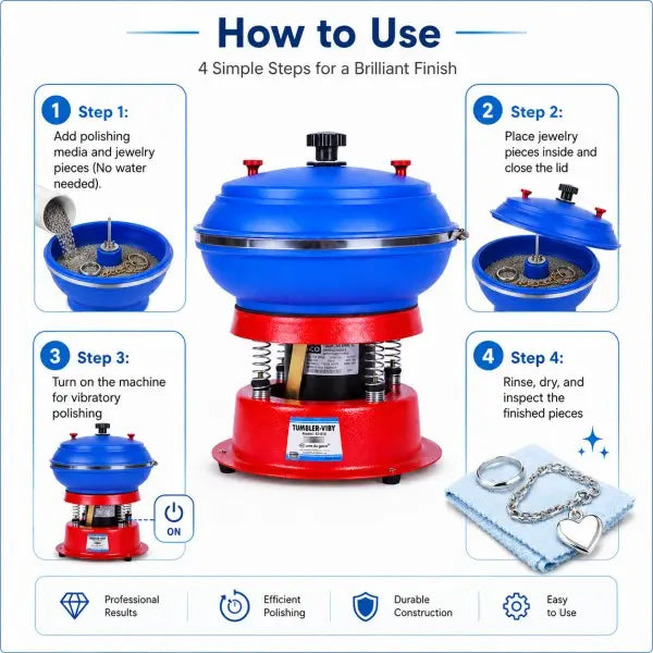 How to use the vibratory tumbler polisher in 4 steps: add media and jewelry, close lid, power on, rinse and inspect finished pieces
