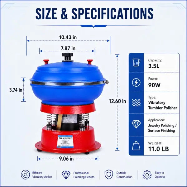 Size and specifications of the 8-inch vibratory tumbler polisher: 3.5L capacity, 90W power, 12.60 in height, 11.0 lb weight