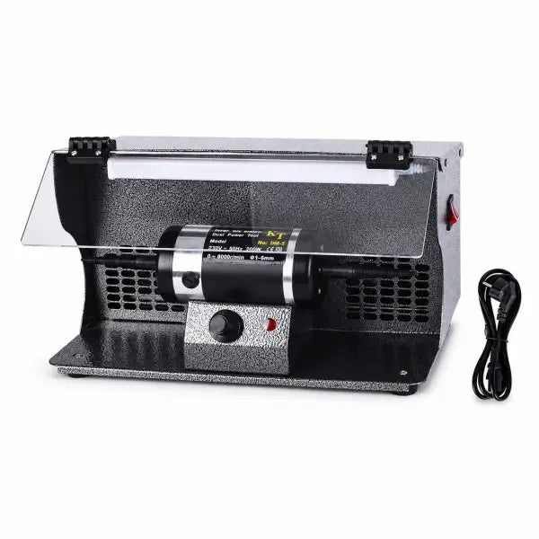 Dual-spindle bench polisher with transparent acrylic safety shield, integrated dust collector, and speed control knob on a workbench