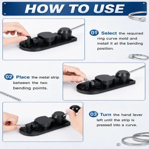 Manual Ring Bending Tool how-to-use guide showing 3 steps: select and install the ring curve mold, place the metal strip between the two bending points, and turn the hand lever to press the strip into a curve